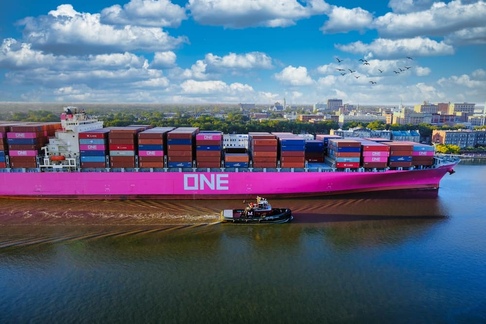 A container ship operated by ONE in Savannah, Georgia