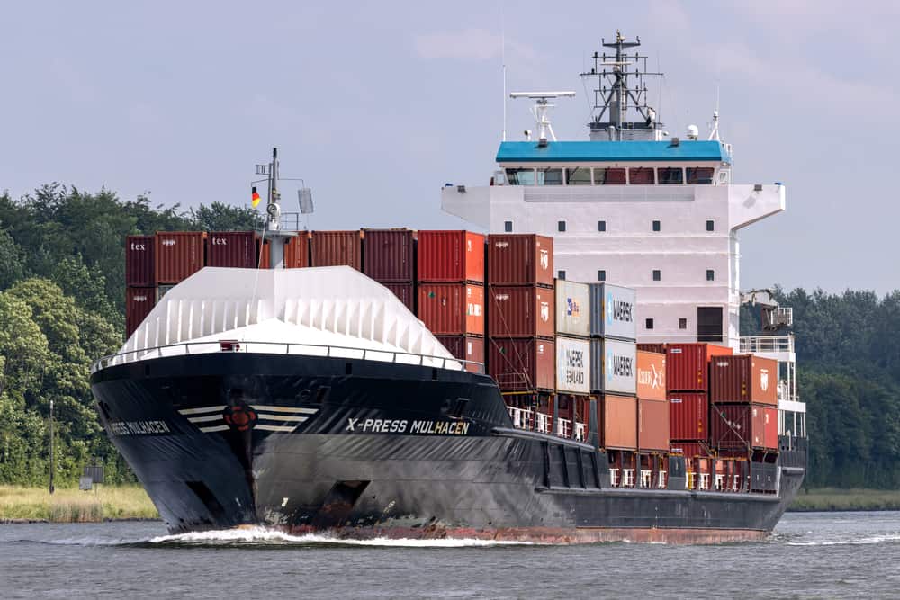 A container ship operated by X-Press Feeders Group in Sehestedt, Germany