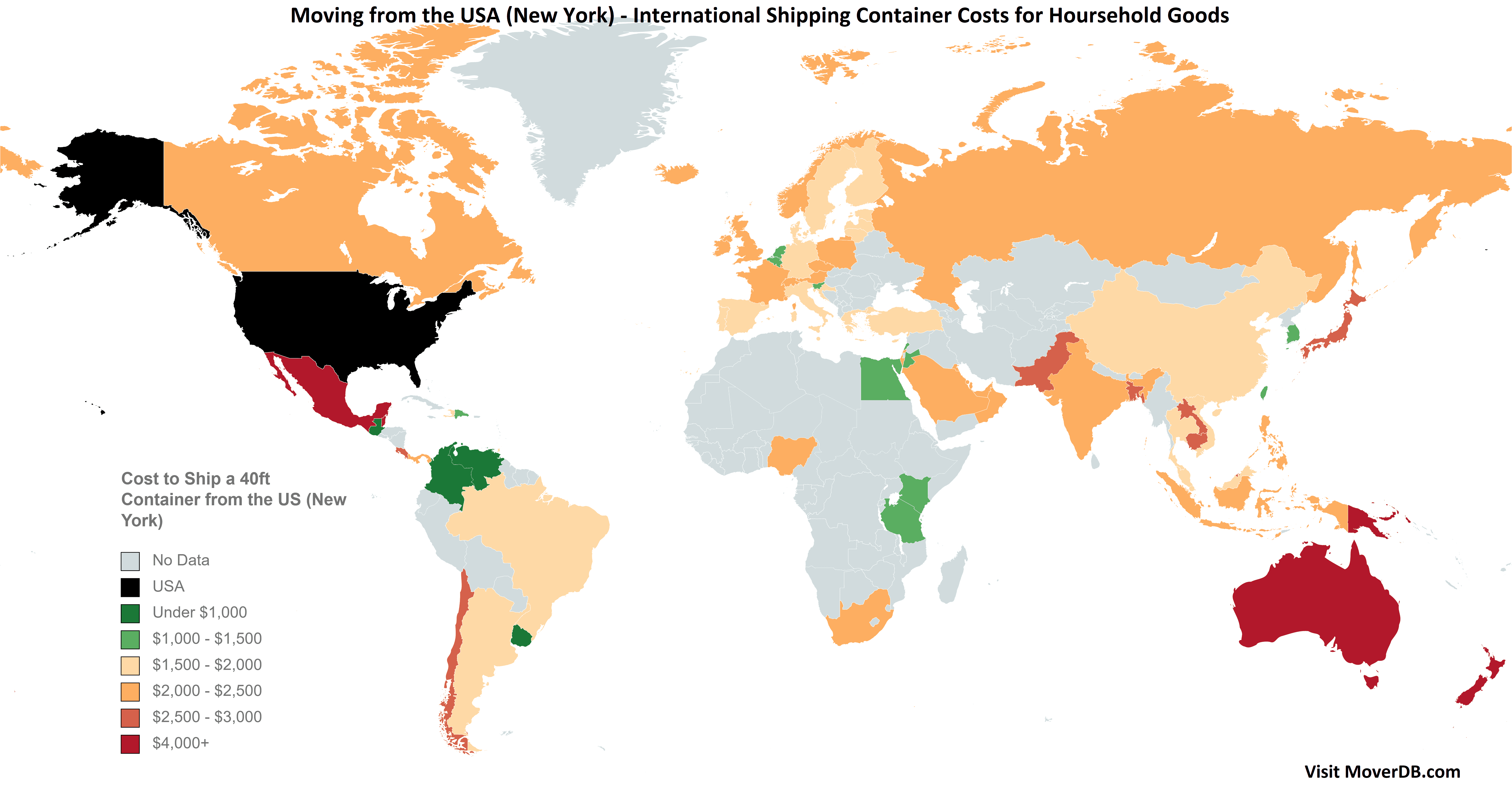 来自美国东部（纽约）的国际海运集装箱费用