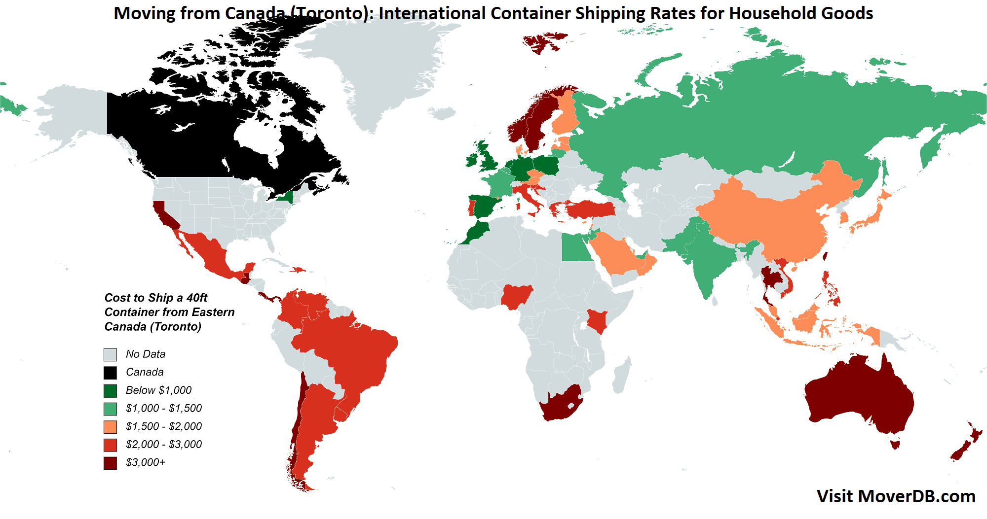 Costes de los contenedores de transporte desde el este de Canadá (Toronto)